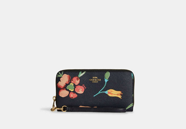 COACH®,LONG ZIP AROUND WALLET WITH DREAMY LAND FLORAL PRINT,Leather,Mini,Gold/Midnight Multi,Front View