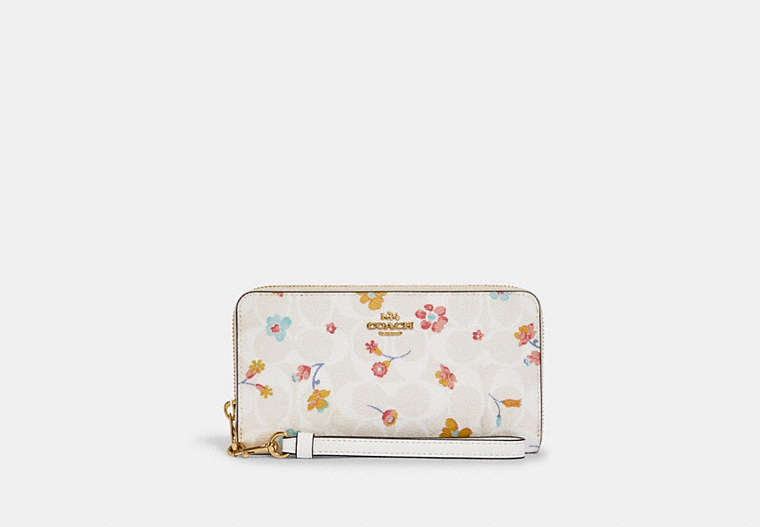 COACH®,LONG ZIP AROUND WALLET IN SIGNATURE CANVAS WITH MYSTICAL FLORAL PRINT,Mini,Gold/Chalk Multi,Front View