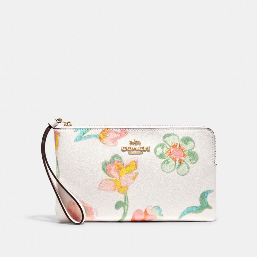 Coach Large Corner Zip Wristlet With Dreamy Land Floral Print Gold/Midnight