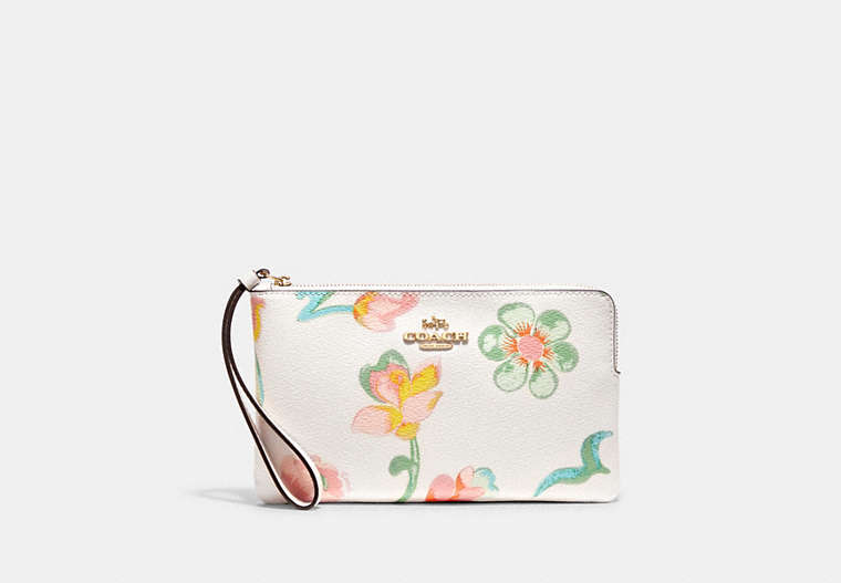 COACH®,LARGE CORNER ZIP WRISTLET WITH DREAMY LAND FLORAL PRINT,Leather,Mini,Gold/Chalk Multi,Front View