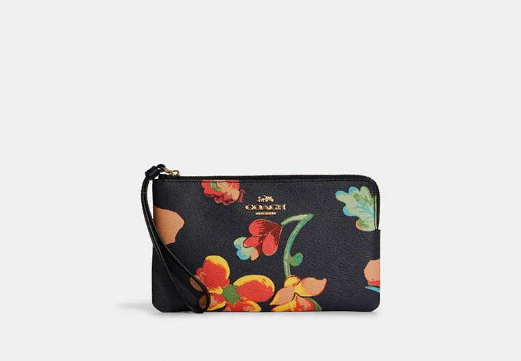 COACH®,LARGE CORNER ZIP WRISTLET WITH DREAMY LAND FLORAL PRINT,Leather,Mini,Gold/Midnight Multi,Front View