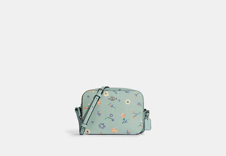 COACH®,MINI CAMERA BAG WITH MYSTICAL FLORAL PRINT,Mini,Silver/Light Teal Multi,Front View