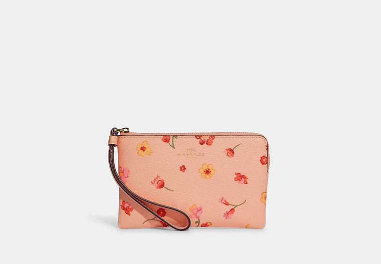 COACH®,CORNER ZIP WRISTLET WITH MYSTICAL FLORAL PRINT,Mini,Gold/Faded Blush Multi,Front View