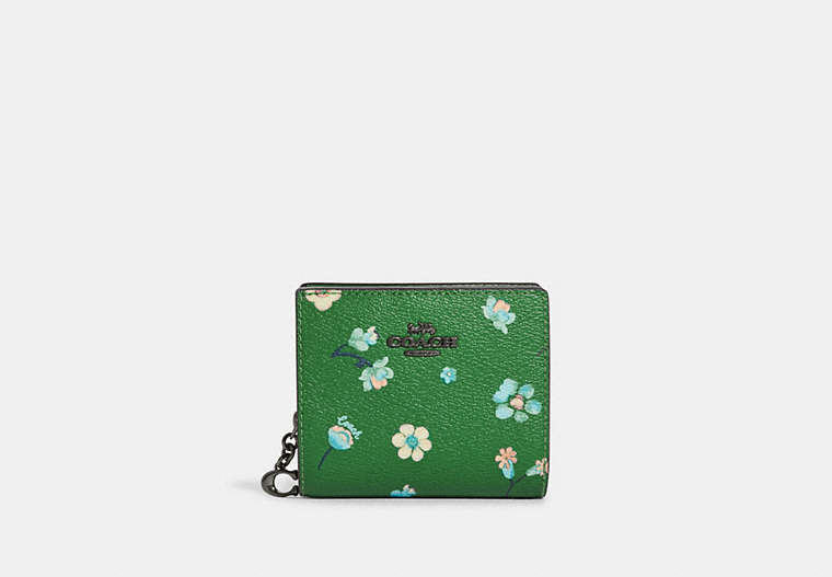 COACH®,SNAP WALLET WITH MYSTICAL FLORAL PRINT,Mini,Gunmetal/Green Multi,Front View