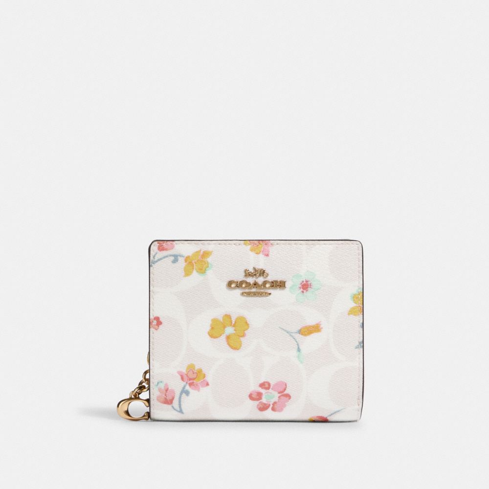 COACH®,SNAP WALLET IN SIGNATURE CANVAS WITH MYSTICAL FLORAL PRINT,Gold/Chalk Multi,Front View