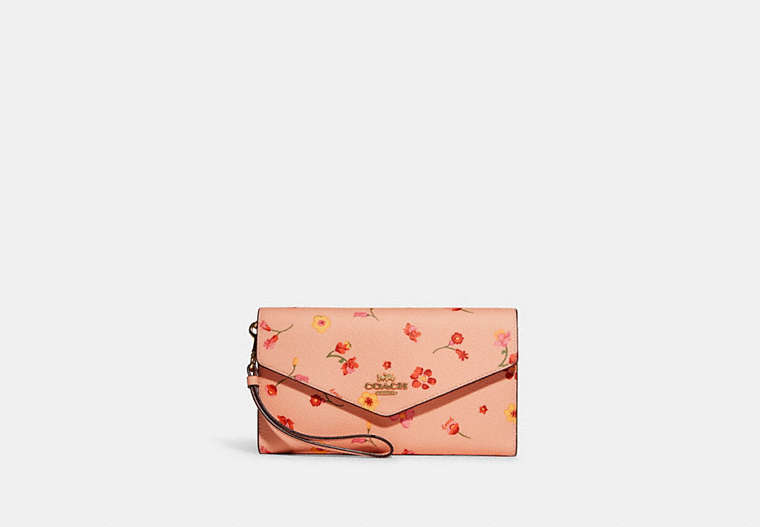 COACH®,TRAVEL ENVELOPE WALLET WITH MYSTICAL FLORAL PRINT,Gold/Faded Blush Multi,Front View