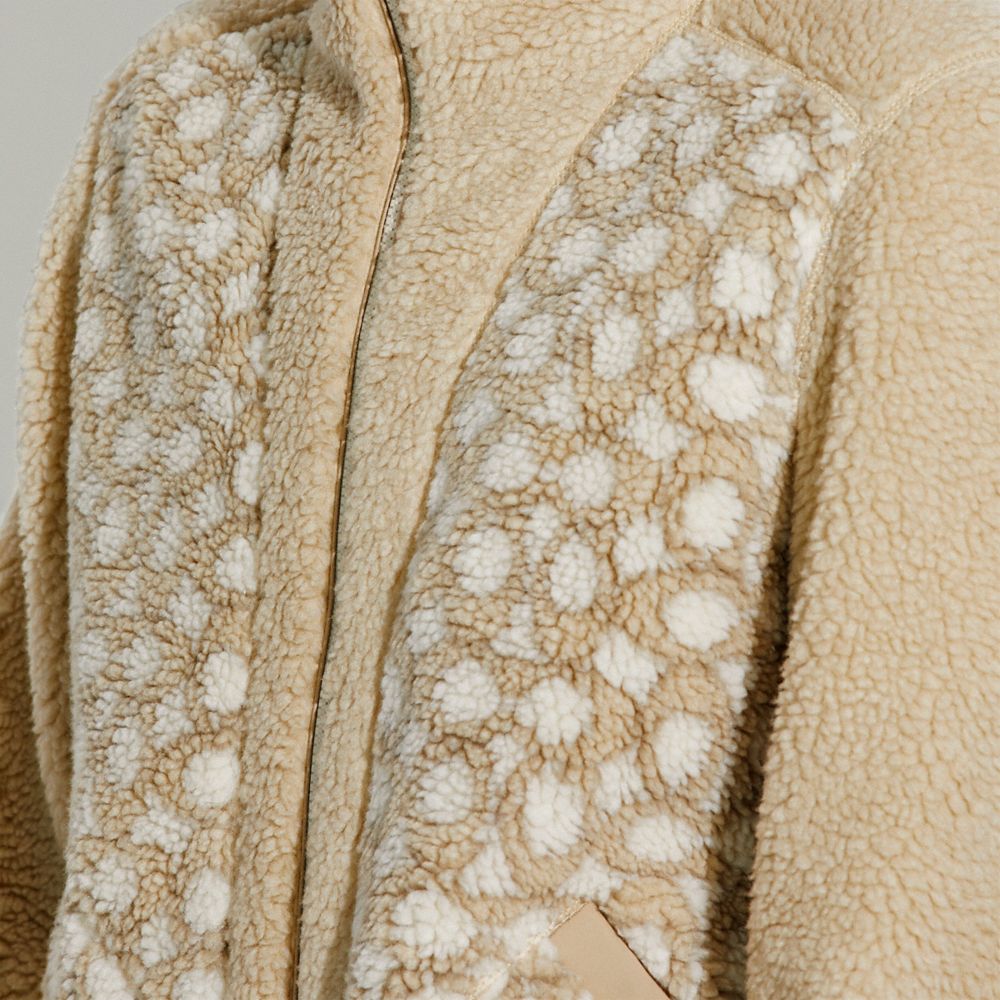 COACH®,Full Sherpa Jacket In Recycled Polyester,Fleece,Drawstring,Color Block,Sustainable,Casual,Beige,Detail View