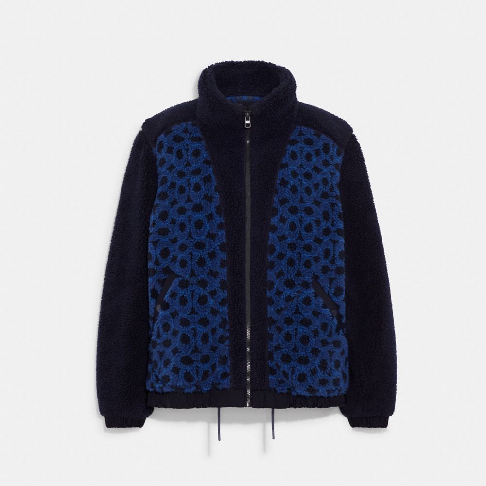 COACH®,FULL SHERPA JACKET IN RECYCLED POLYESTER,Navy,Front View
