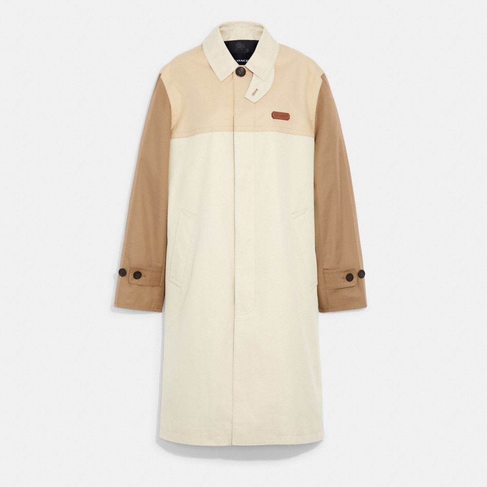 COACH®,COLORBLOCK TRENCH COAT IN ORGANIC COTTON AND RECYCLED POLYESTER,Organic Cotton,Khaki,Front View