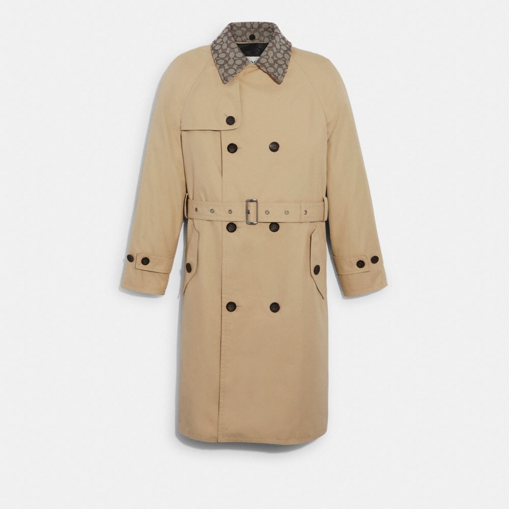 COACH®,TRENCH COAT IN ORGANIC COTTON AND RECYCLED POLYESTER,Khaki,Front View