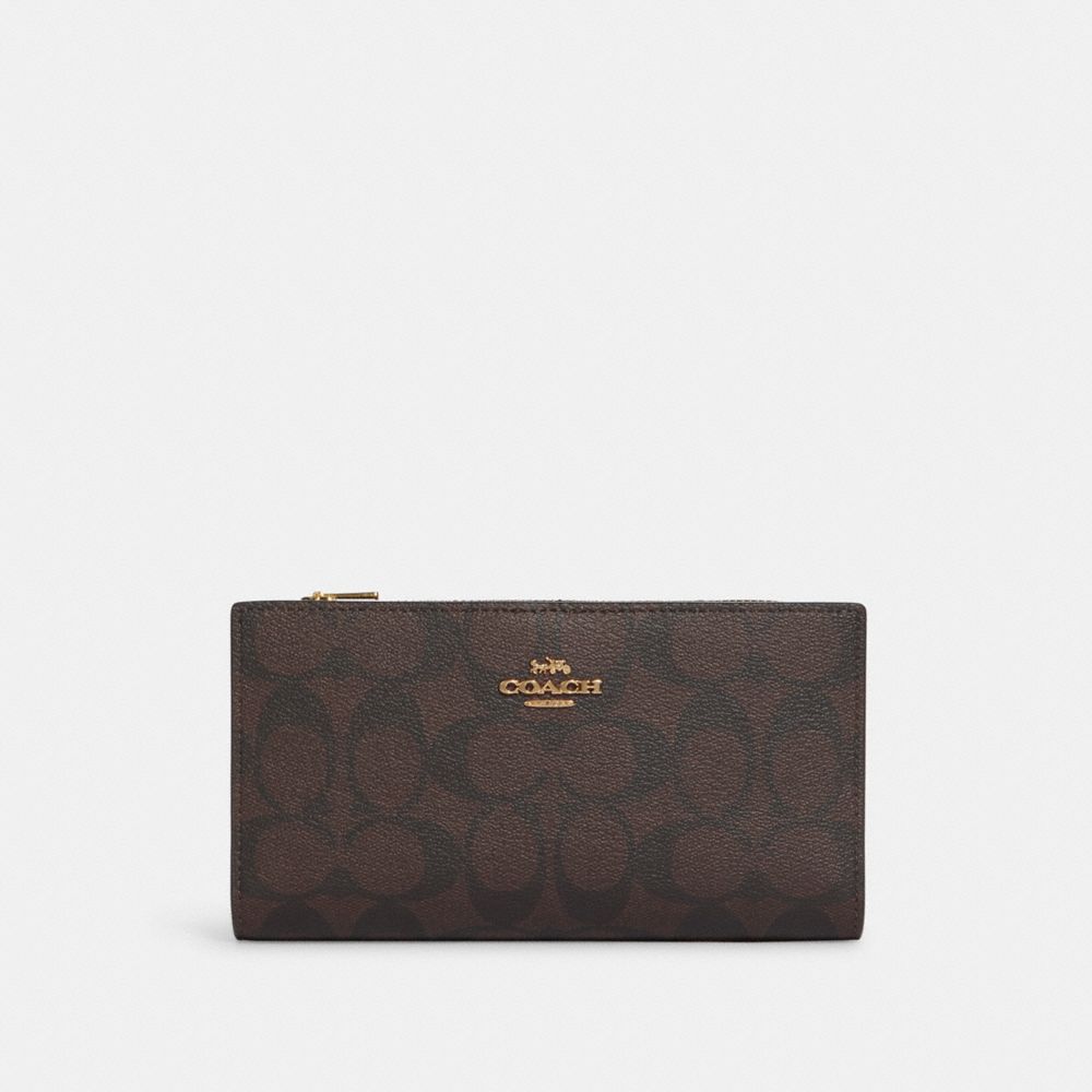 COACH®,SLIM ZIP WALLET IN SIGNATURE CANVAS,Gold/Brown Black,Front View