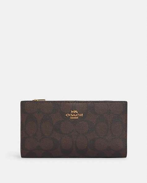 COACH®,SLIM ZIP WALLET IN SIGNATURE CANVAS,pvc,Gold/Brown Black,Front View
