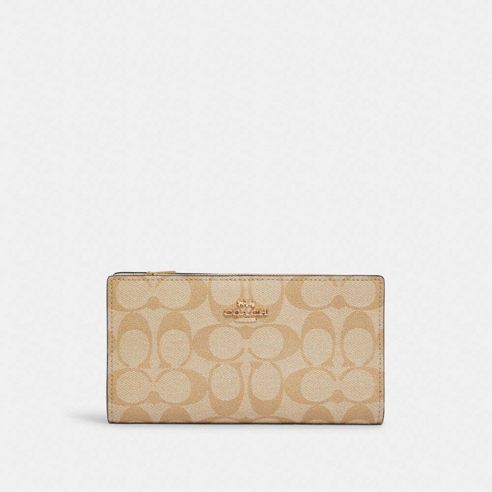 COACH®,SLIM ZIP WALLET IN SIGNATURE CANVAS,Gold/Light Khaki Chalk,Front View