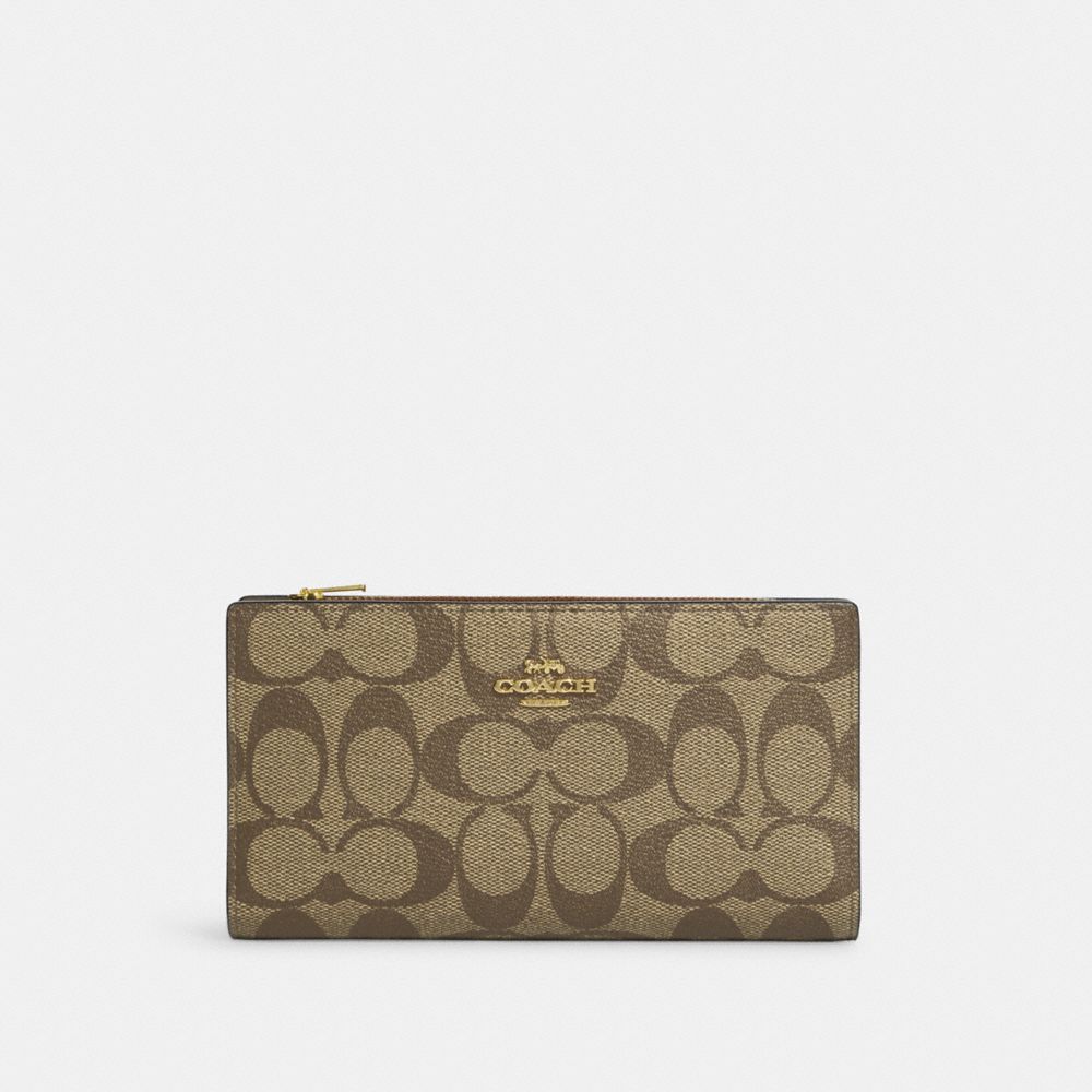 COACH®,SLIM ZIP WALLET IN SIGNATURE CANVAS,Gold/Khaki Saddle 2,Front View