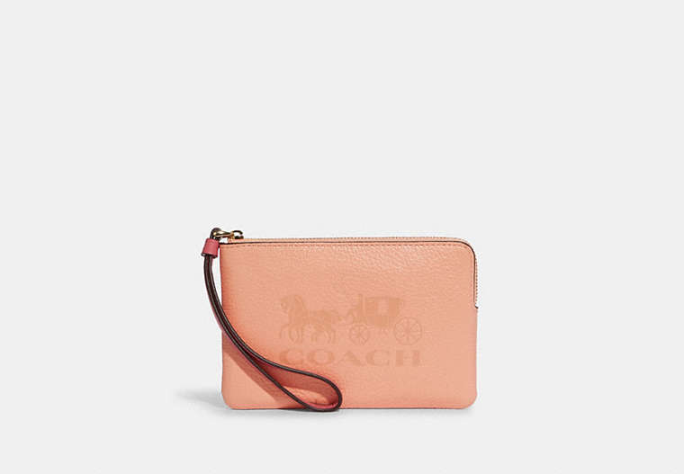 COACH®,CORNER ZIP WRISTLET IN COLORBLOCK WITH HORSE AND CARRIAGE,Leather,Mini,Gold/Faded Blush Multi,Front View