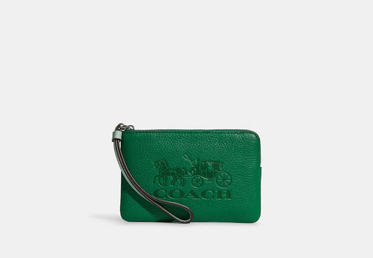 COACH®,CORNER ZIP WRISTLET IN COLORBLOCK WITH HORSE AND CARRIAGE,Leather,Mini,Silver/Green Multi,Front View