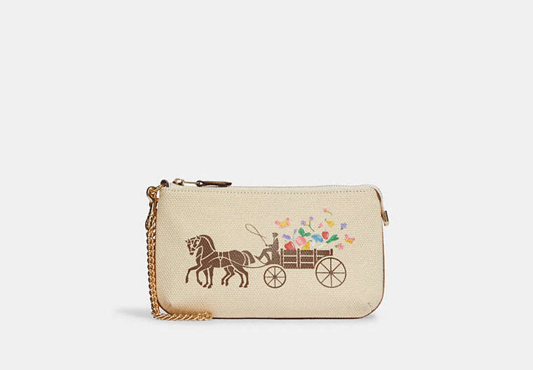 COACH®,LARGE WRISTLET 19 WITH DREAMY VEGGIE HORSE AND CARRIAGE,Leather,Mini,Gold/Natural Multi,Front View