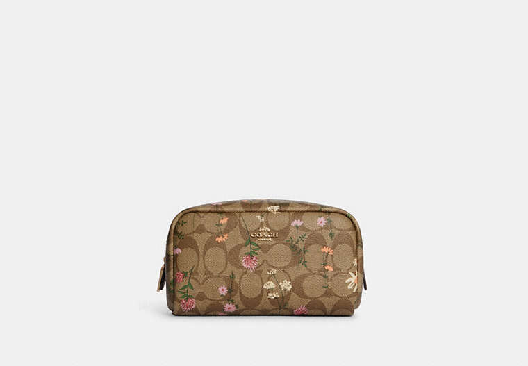 COACH®,SMALL BOXY COSMETIC CASE IN SIGNATURE CANVAS WITH WILDFLOWER PRINT,Coated Canvas/Leather,Small,Gold/Khaki Multi,Front View
