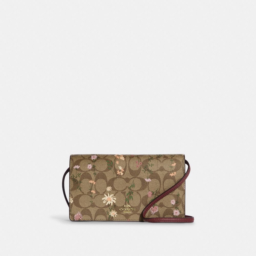 COACH®,ANNA FOLDOVER CLUTCH CROSSBODY IN SIGNATURE CANVAS WITH WILDFLOWER PRINT,Medium,Gold/Khaki Multi,Front View