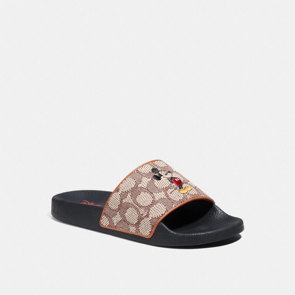 COACH®,DISNEY X COACH SPORT SLIDE IN SIGNATURE TEXTILE JACQUARD WITH MICKEY MOUSE EMBROIDERY,Cocoa,Front View
