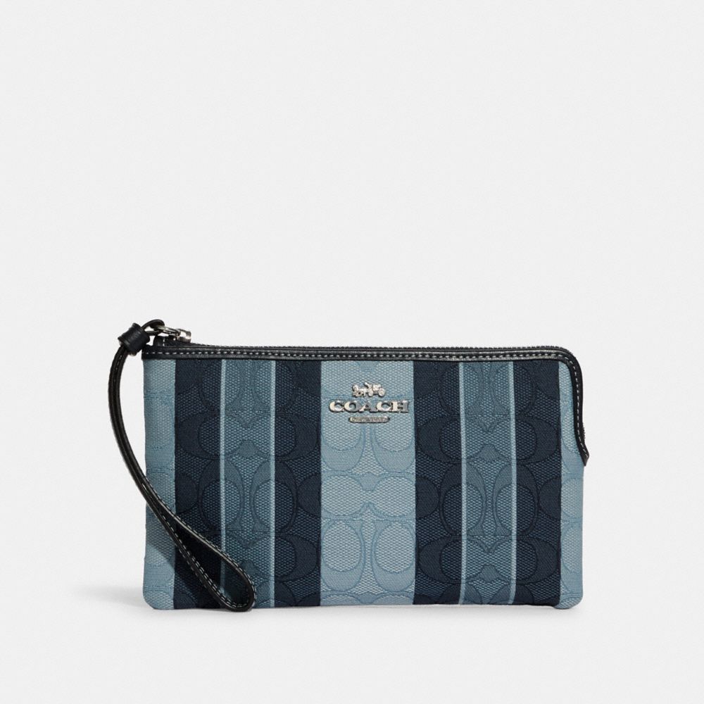 COACH®,LARGE CORNER ZIP WRISTLET IN SIGNATURE JACQUARD WITH STRIPES,Mini,Silver/Midnight Multi,Front View