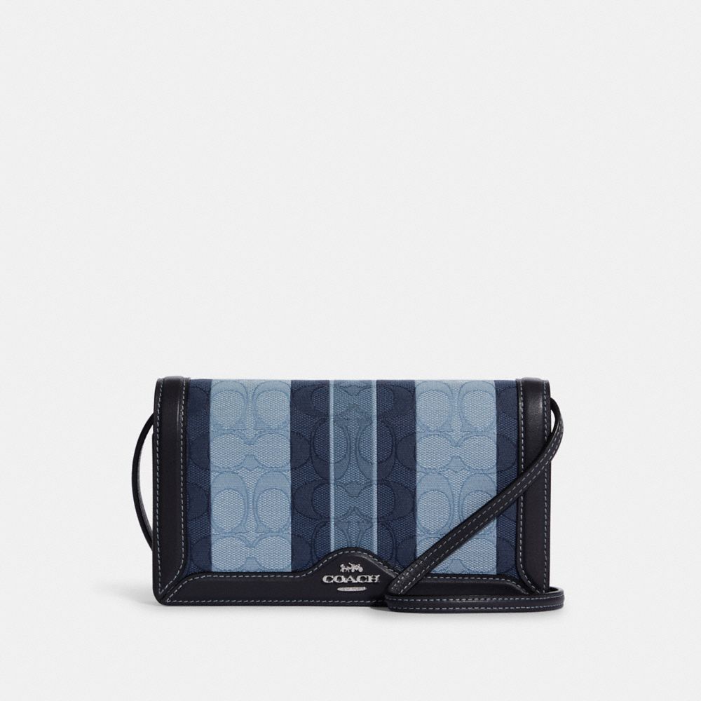 COACH®,ANNA FOLDOVER CLUTCH CROSSBODY IN SIGNATURE JACQUARD WITH STRIPES,Mini,Silver/Midnight Multi,Front View