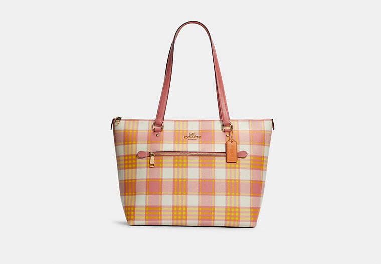 COACH®,GALLERY TOTE WITH GARDEN PLAID PRINT,Gold/Taffy Multi,Front View