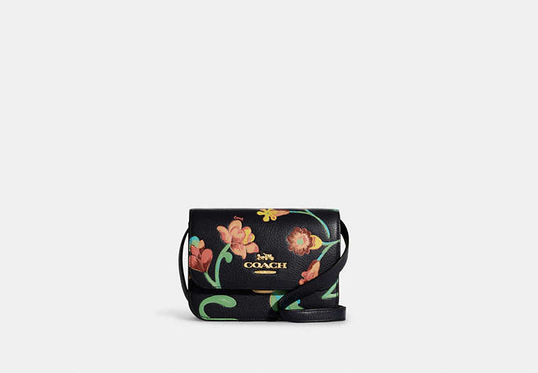 COACH®,MINI BRYNN CROSSBODY WITH DREAMY LAND FLORAL PRINT,Leather,Small,Gold/Midnight Multi,Front View