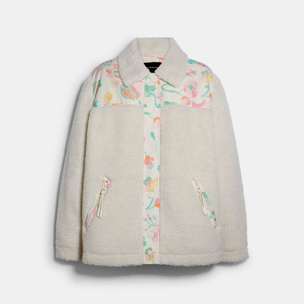 COACH®,BLOCKED FLORAL SHERPA JACKET,Cream,Front View