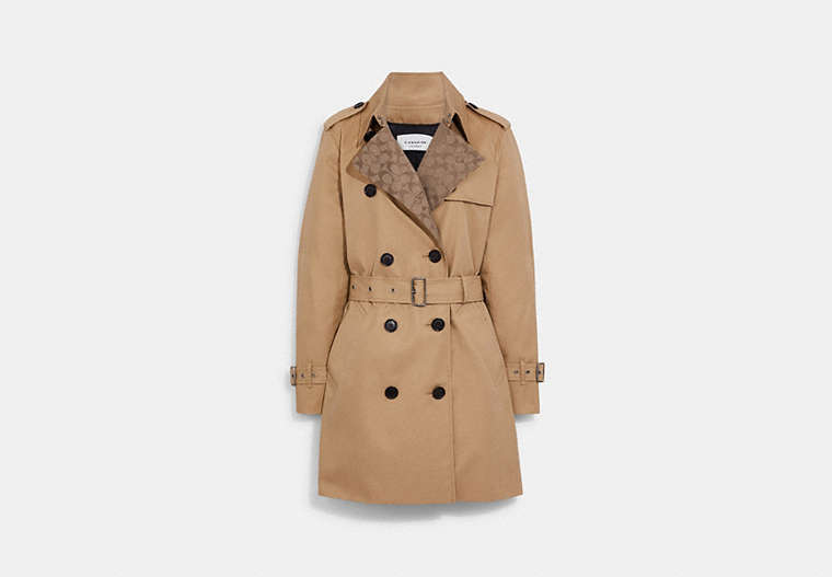 COACH®,SIGNATURE LAPEL MID TRENCH COAT,Classic Khaki,Front View image number 0