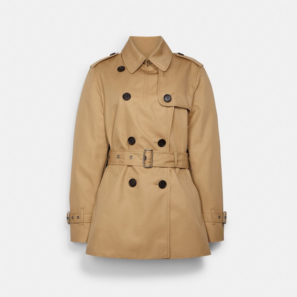 COACH®,SIGNATURE LAPEL SHORT TRENCH COAT,Classic Khaki,Front View