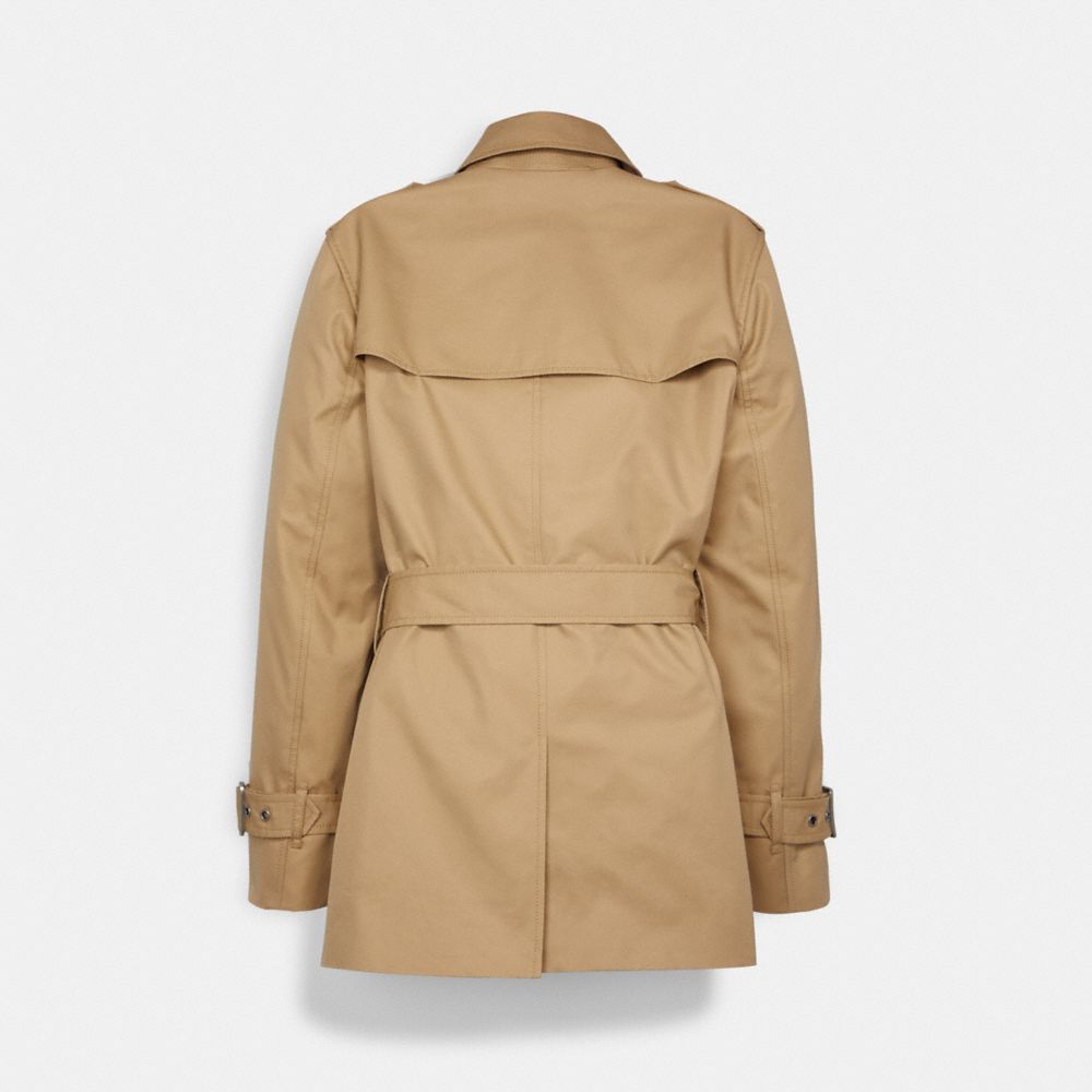 COACH®,SIGNATURE LAPEL SHORT TRENCH COAT,Classic Khaki,Back View