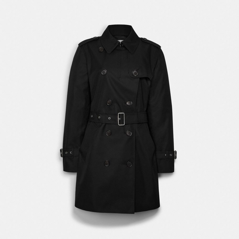 COACH®,SOLID MID TRENCH COAT,Black,Front View