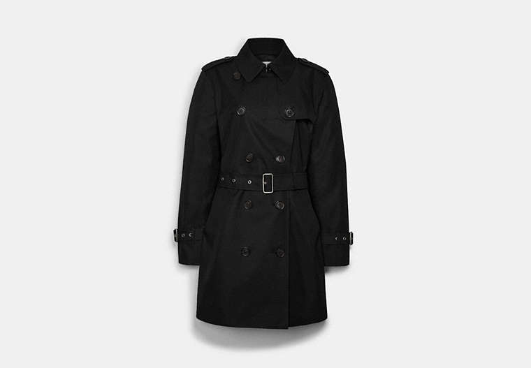 COACH®,SOLID MID TRENCH COAT,Fabric,Black,Front View