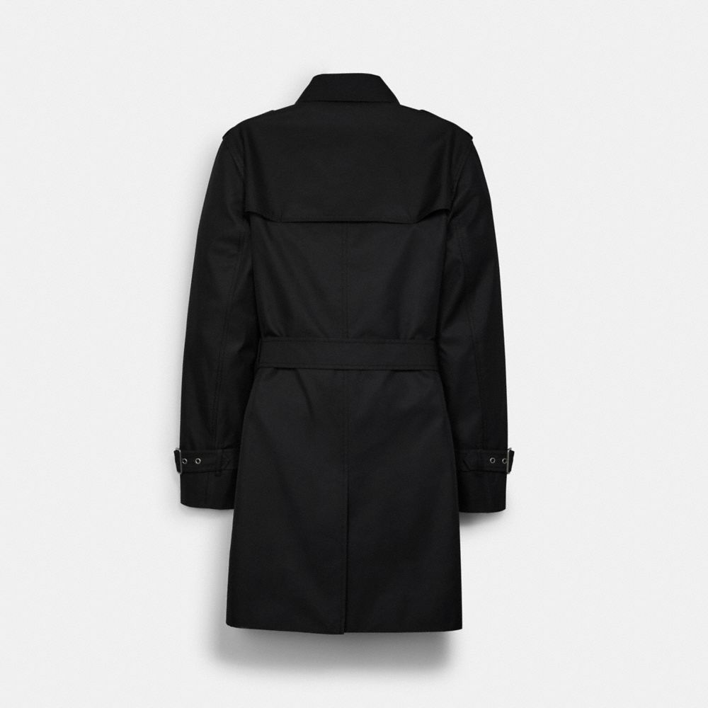 COACH®,SOLID MID TRENCH COAT,Black,Back View