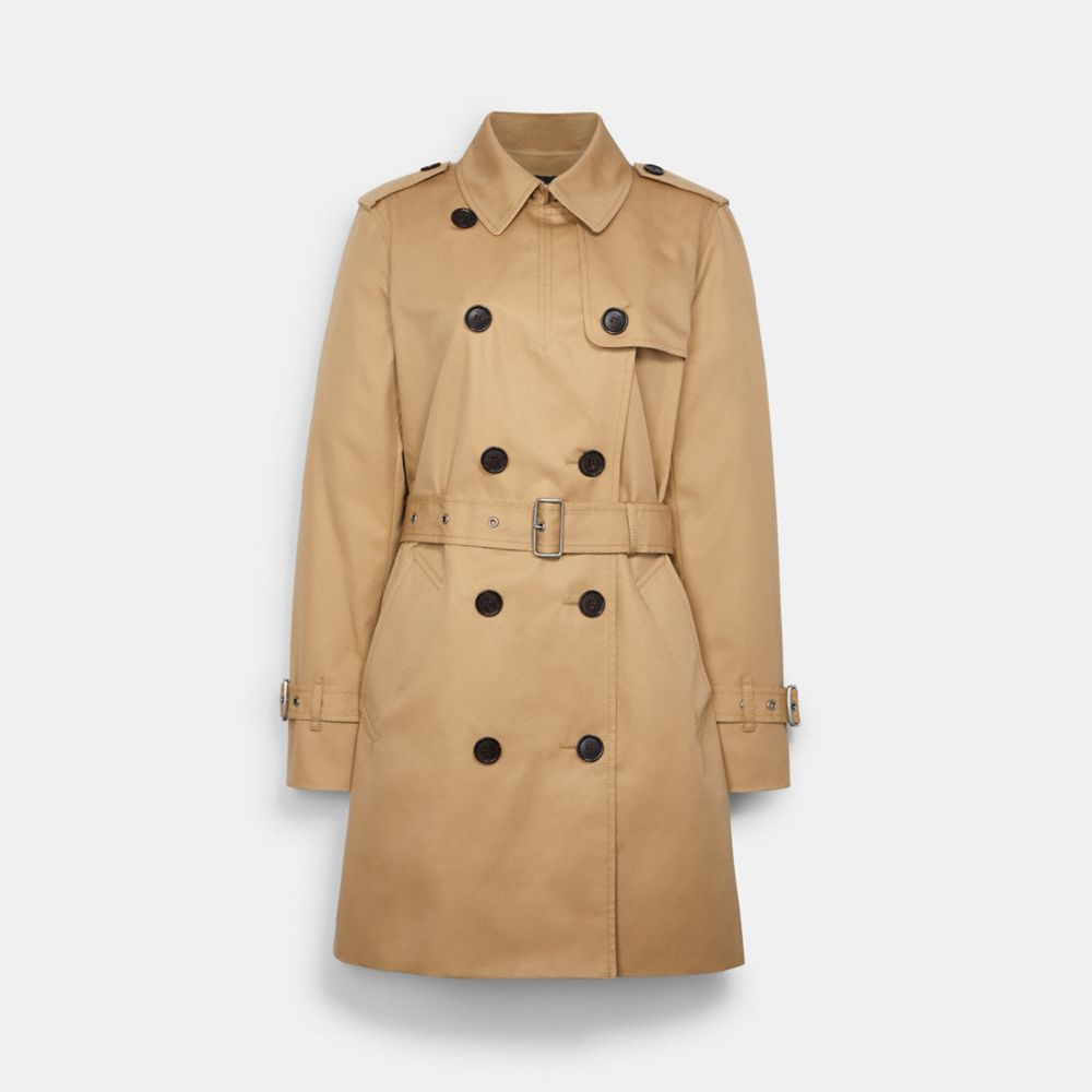 COACH®,Solid Mid Trench Coat,Polyester,Cotton,Trench,Button,Work,Beige,Front View