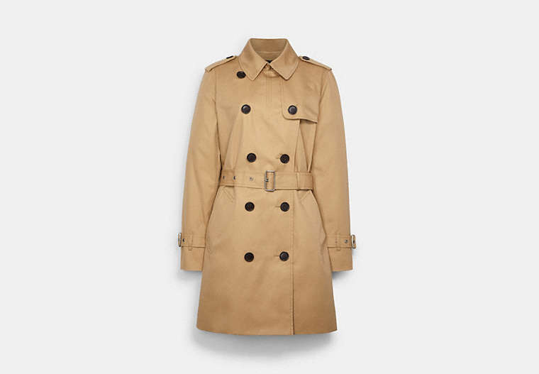 COACH®,SOLID MID TRENCH COAT,Fabric,Classic Khaki,Front View