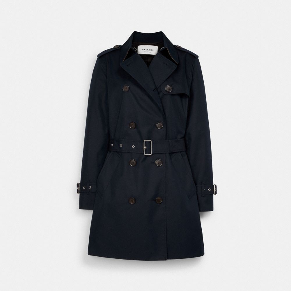 COACH®,SOLID MID TRENCH COAT,Navy,Front View image number 0