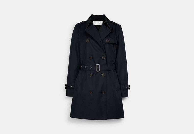 COACH®,SOLID MID TRENCH COAT,Fabric,Navy,Front View image number 0