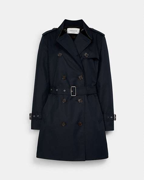 COACH®,SOLID MID TRENCH COAT,Fabric,Navy,Front View