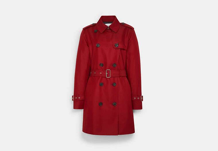COACH®,SOLID MID TRENCH COAT,Fabric,Ruby,Front View