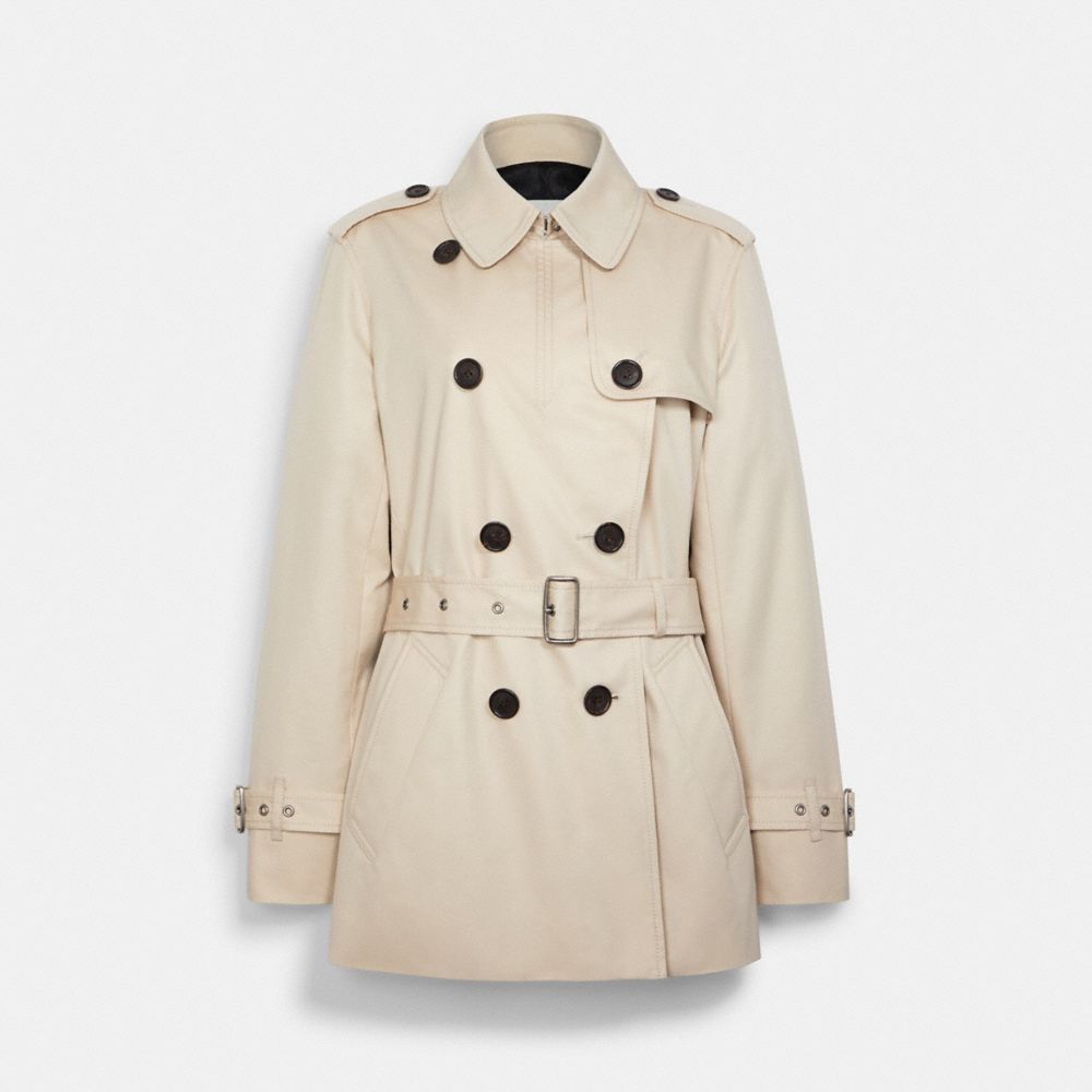 COACH®,SOLID SHORT TRENCH COAT,Porcelain,Front View image number 0