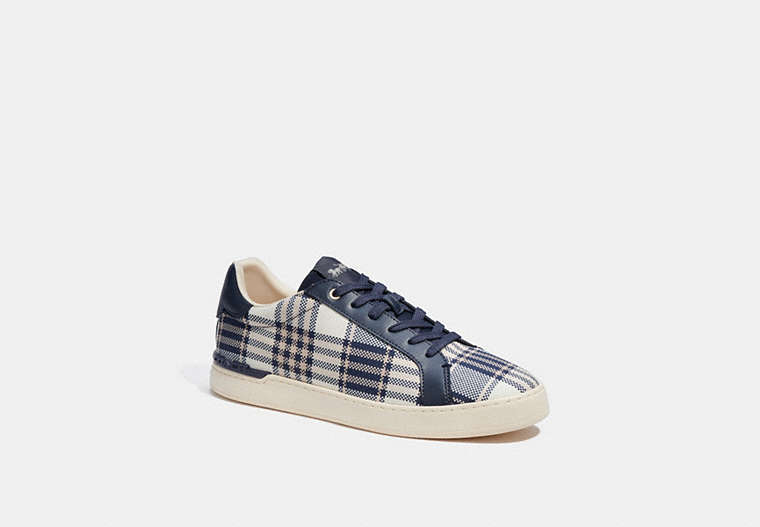 COACH®,CLIP LOW TOP SNEAKER WITH PLAID PRINT,Midnight Navy,Front View