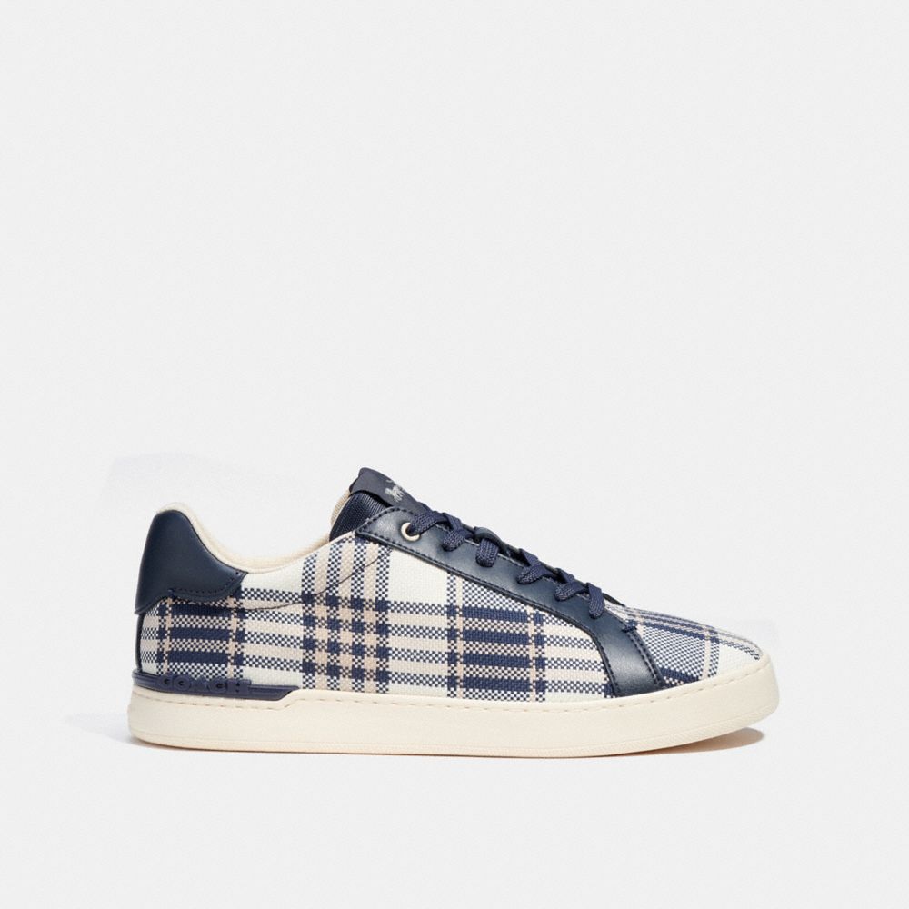 COACH®,CLIP LOW TOP SNEAKER WITH PLAID PRINT,Midnight Navy,Angle View