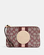 COACH®,DEMPSEY LARGE CORNER ZIP WRISTLET IN SIGNATURE JACQUARD WITH STRIPE AND COACH PATCH,Jacquard,Medium,Gold/Wine Multi,Front View
