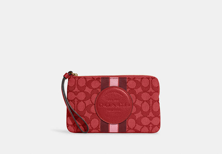 COACH®,DEMPSEY LARGE CORNER ZIP WRISTLET IN SIGNATURE JACQUARD WITH STRIPE AND COACH PATCH,Jacquard,Medium,Gold/Red Apple Multi,Front View