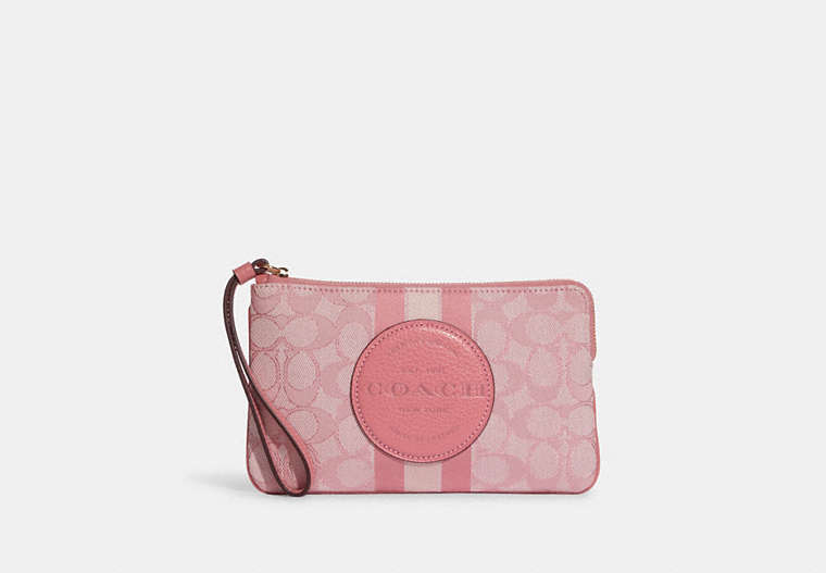 COACH®,DEMPSEY LARGE CORNER ZIP WRISTLET IN SIGNATURE JACQUARD WITH STRIPE AND COACH PATCH,Jacquard,Medium,Gold/Taffy,Front View