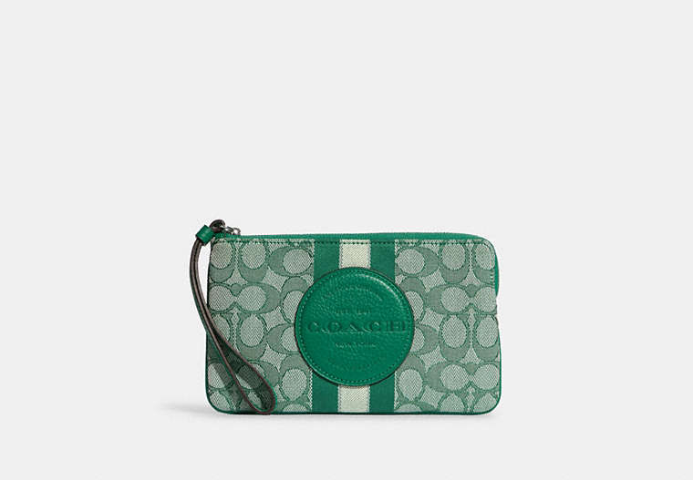COACH®,DEMPSEY LARGE CORNER ZIP WRISTLET IN SIGNATURE JACQUARD WITH STRIPE AND COACH PATCH,Jacquard,Medium,Silver/Green,Front View