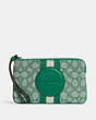 COACH®,DEMPSEY LARGE CORNER ZIP WRISTLET IN SIGNATURE JACQUARD WITH STRIPE AND COACH PATCH,Jacquard,Medium,Silver/Green,Front View