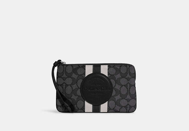 COACH®,DEMPSEY LARGE CORNER ZIP WRISTLET IN SIGNATURE JACQUARD WITH STRIPE AND COACH PATCH,Jacquard,Medium,Silver/Black Smoke Black Multi,Front View